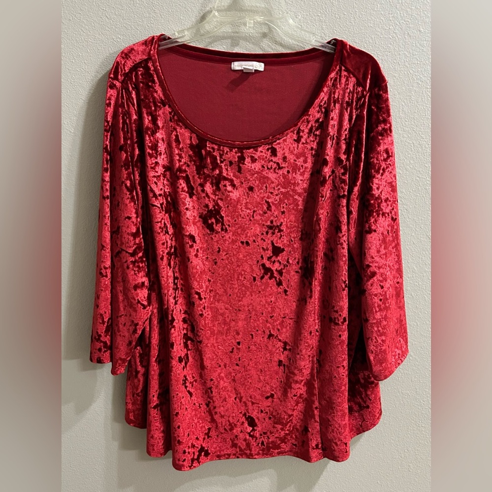 Womens Red Crushed Velvet Blouse Top Sz 3X Stretchy Feminine Romantic Date Night